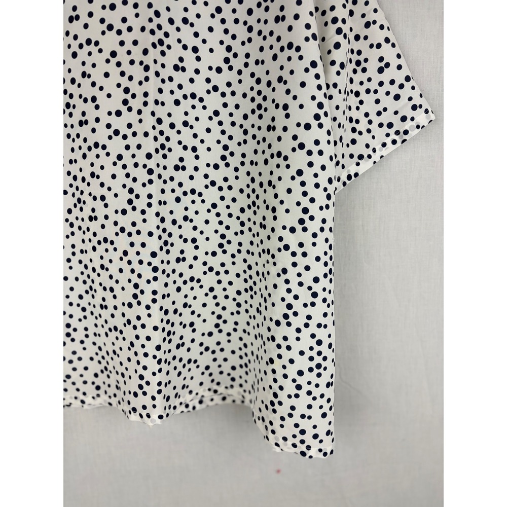 Polka Dot Button Down Short Sleeve Camp Collar Shirt White Navy Blue Blouse - Picture 12 of 13